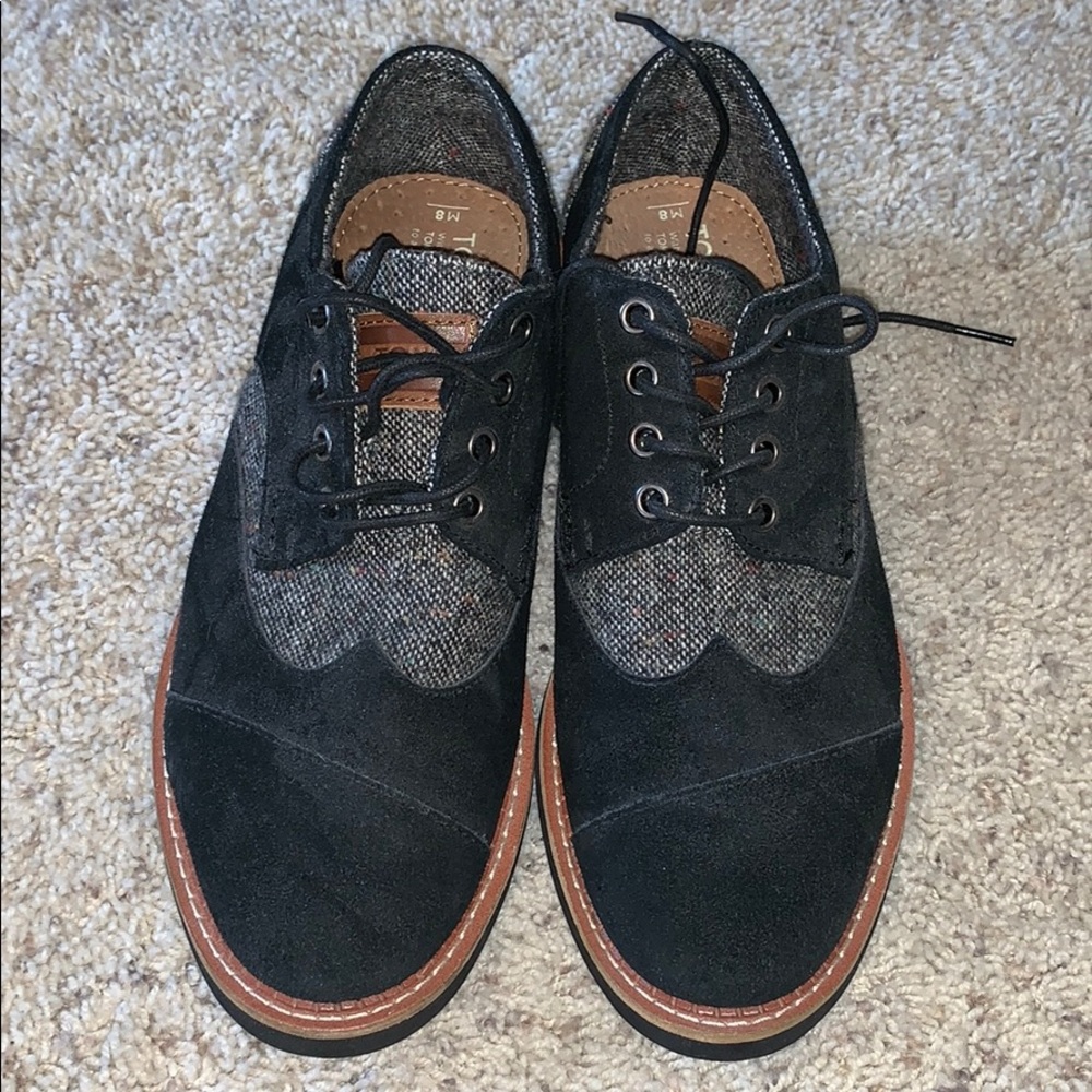 toms suede black patterned oxfords